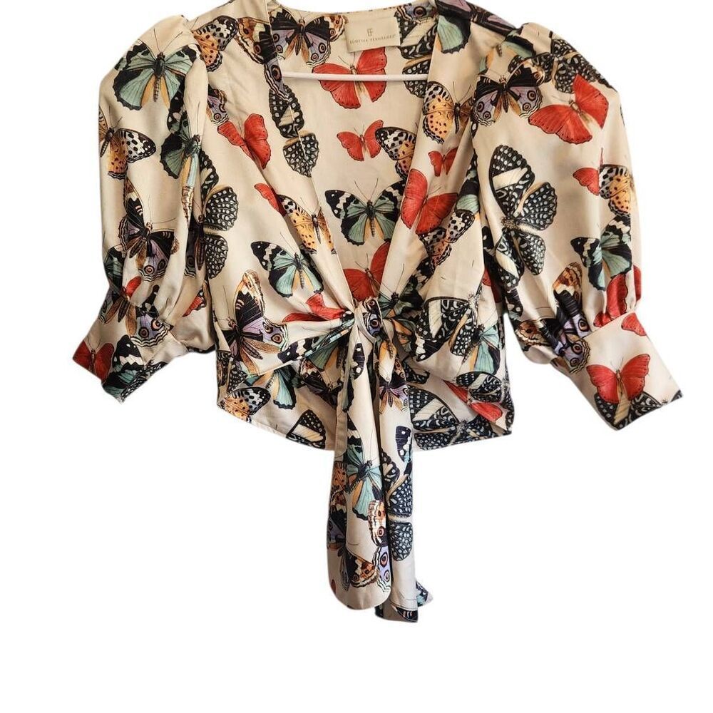 Eugenia Fernandez Crop Top Medium Tie Front Butterfly Boho Luxury